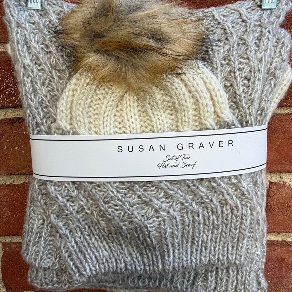 Set of Two Susan Graver Women's Faux Fur Pom-Pom Beanie Hat and Scarf Gray NWT